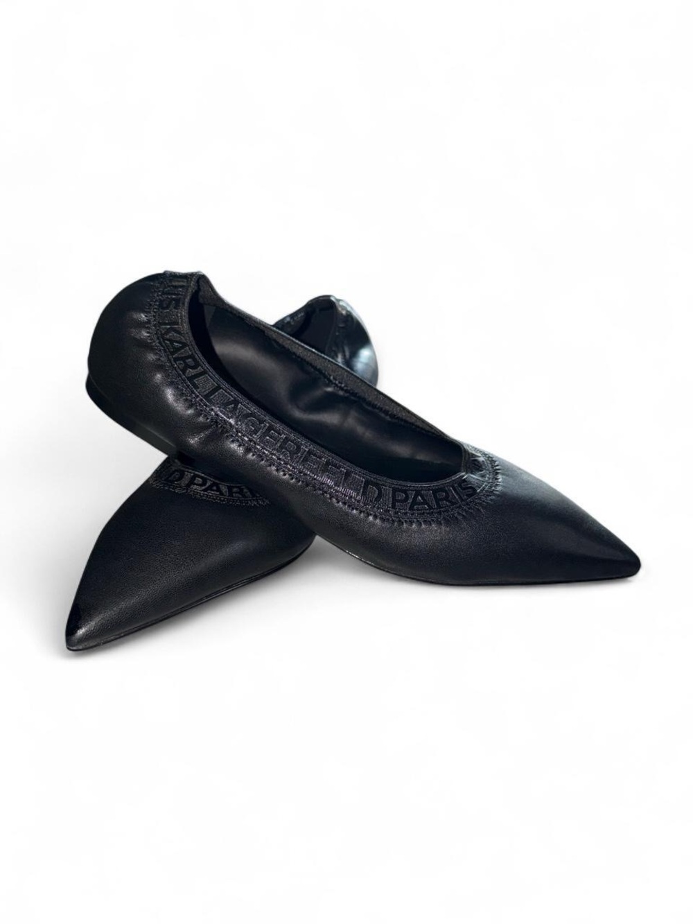 NWOT Karl Lagerfeld Black Pointed Ballet Flats with Logo Trim - Picture 2 of 5